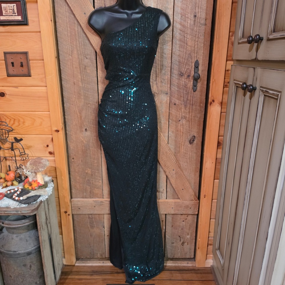 LOVE & LEMONADE XS Dress Dark Teal Blue/Grn Sequin One Shoulder Formal Gown NWT